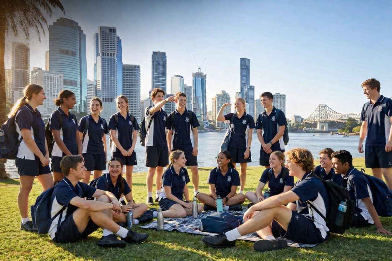 School group visiting Brisbane, representing safe and organised group accommodation options in the city.