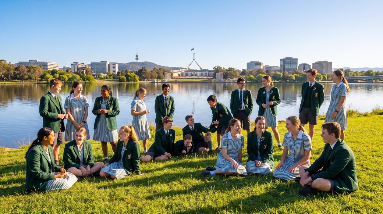 Students on the grass in front of Parliament House in Canberra