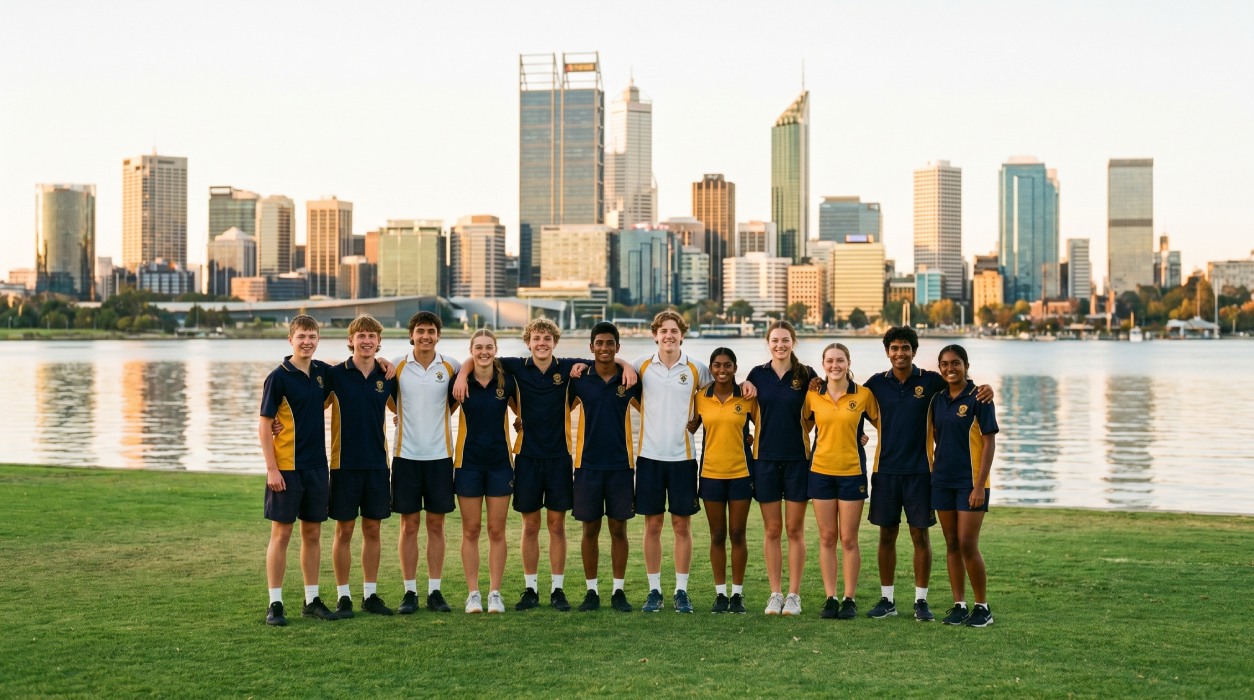 Students standing on the foreshore in South Perth with the Perth CBD in the background.
