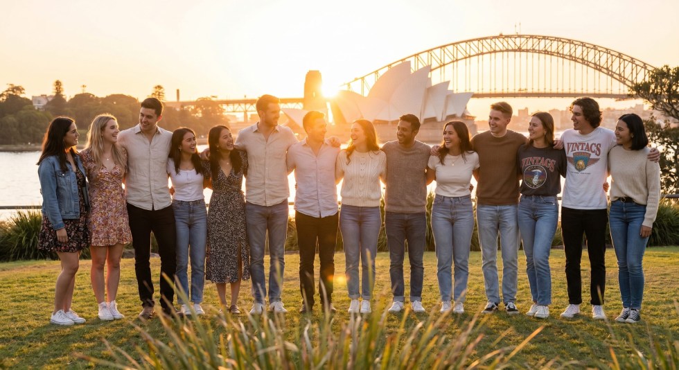 A group of young people standing near the Sydney Harbour Bridge.